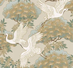 Ronald Redding Tea Garden Sprig & Heron Wallpaper - Beige