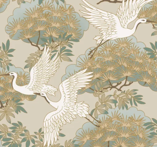 Ronald Redding Tea Garden Sprig & Heron Wallpaper - Beige