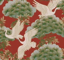 Ronald Redding Tea Garden Sprig & Heron Wallpaper - Red