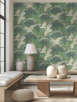 Ronald Redding Tea Garden Sprig & Heron Wallpaper - Green