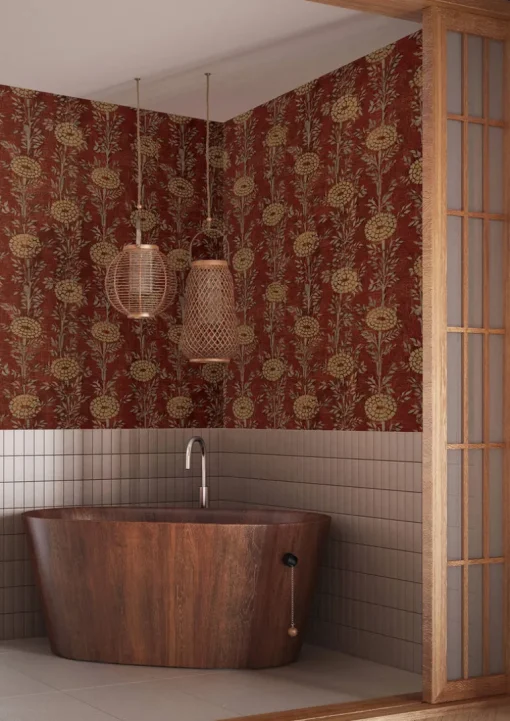 Ronald Redding Tea Garden French Marigold Wallpaper - Red & Gold