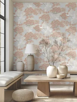 Ronald Redding Tea Garden Sprig & Heron Wallpaper - Coral