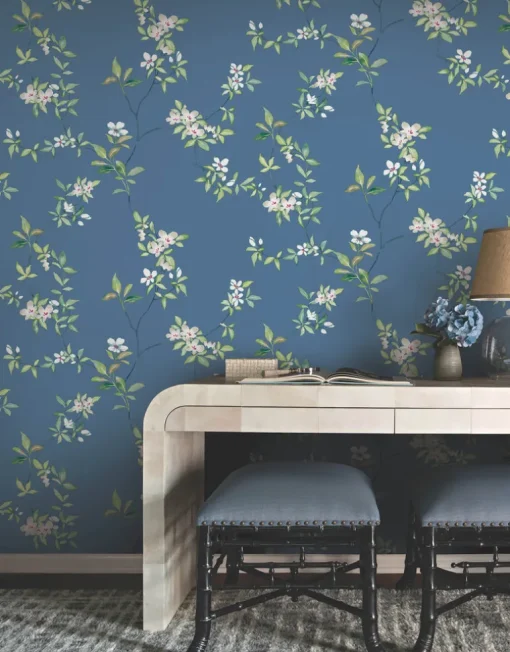 Ronald Redding Tea Garden April Blossom Wallpaper - Cobalt
