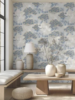 Ronald Redding Tea Garden Sprig & Heron Wallpaper - Light Blue