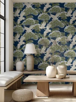 Ronald Redding Tea Garden Sprig & Heron Wallpaper - Navy