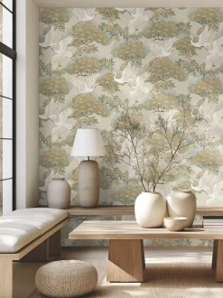 Ronald Redding Tea Garden Sprig & Heron Wallpaper - Beige