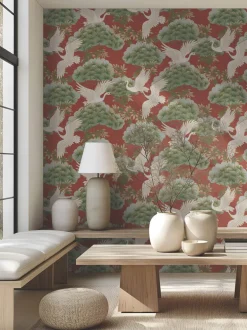 Ronald Redding Tea Garden Sprig & Heron Wallpaper - Red