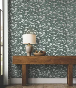 Ronald Redding Tea Garden Shimmering Poppies Wallpaper - Green & Silver
