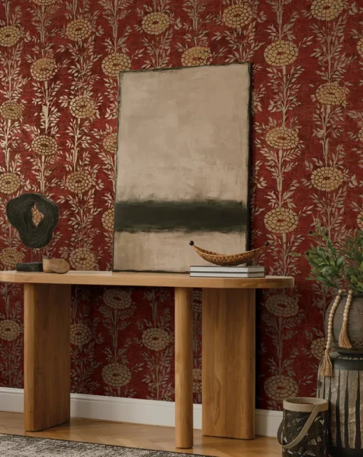 Ronald Redding Tea Garden French Marigold Wallpaper - Red & Gold