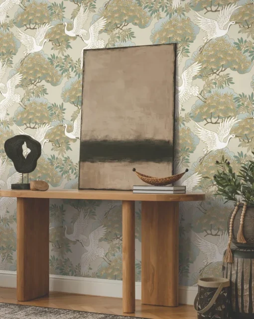 Ronald Redding Tea Garden Sprig & Heron Wallpaper - Beige