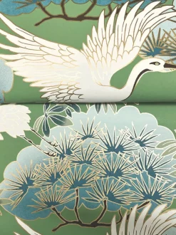 Ronald Redding Tea Garden Sprig & Heron Wallpaper - Green