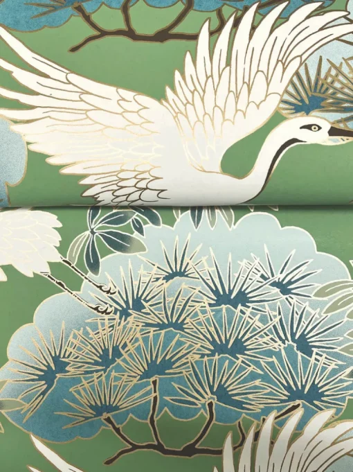 Ronald Redding Tea Garden Sprig & Heron Wallpaper - Green