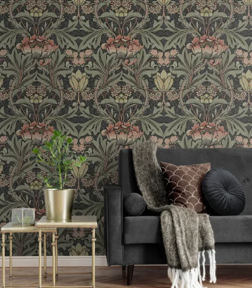 Seabrook Acanthus Floral Wallpaper - Charcoal & Rosewood