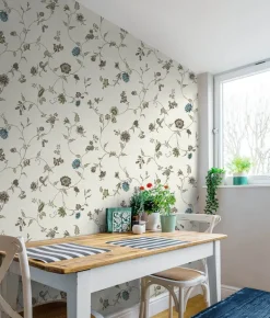 Seabrook French Country Florale Trail Wallpaper - Greige & Blue Bell