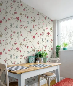 Seabrook French Country Florale Trail Wallpaper - Cranberry & Blue Bell
