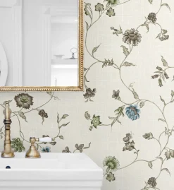 Seabrook French Country Florale Trail Wallpaper - Greige & Blue Bell