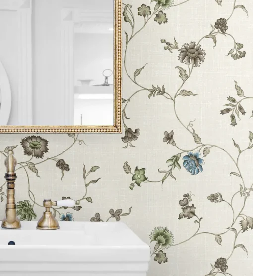 Seabrook French Country Florale Trail Wallpaper - Greige & Blue Bell