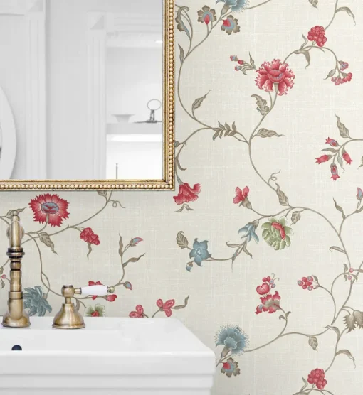 Seabrook French Country Florale Trail Wallpaper - Cranberry & Blue Bell