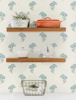 Seabrook French Country Lotus Branch Floral Wallpaper - Blue Bell & Herb