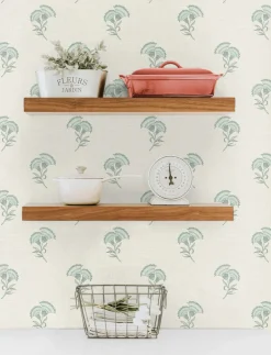 Seabrook French Country Lotus Branch Floral Wallpaper - Minty Meadow & French Grey