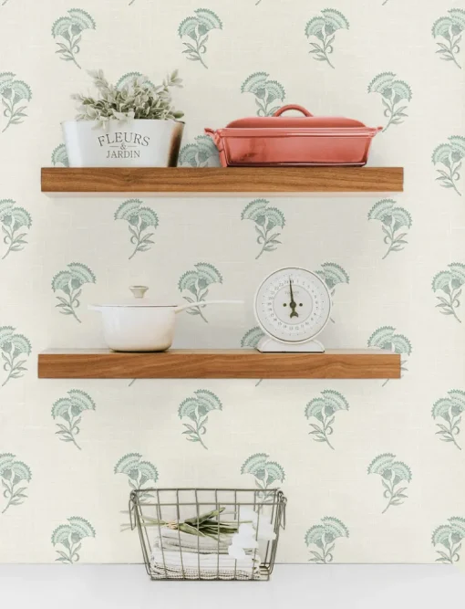 Seabrook French Country Lotus Branch Floral Wallpaper - Minty Meadow & French Grey