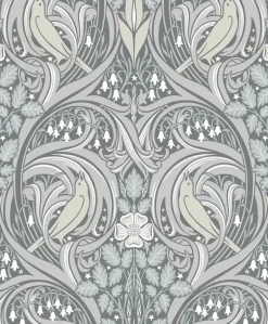 Seabrook Legacy Prints Bird Scroll Wallpaper - Argos Grey & Linen