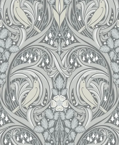 Seabrook Legacy Prints Bird Scroll Wallpaper - Argos Grey & Linen