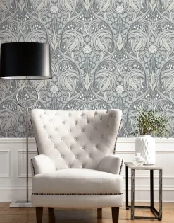 Seabrook Legacy Prints Bird Scroll Wallpaper - Argos Grey & Linen