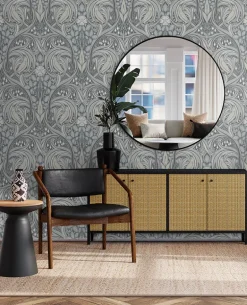 Seabrook Legacy Prints Bird Scroll Wallpaper - Argos Grey & Linen