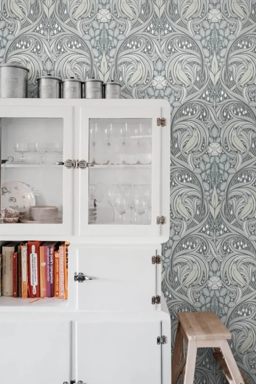 Seabrook Legacy Prints Bird Scroll Wallpaper - Argos Grey & Linen