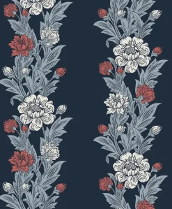 Seabrook Legacy Prints Blooming Stripe Wallpaper - Deep Navy & Berry