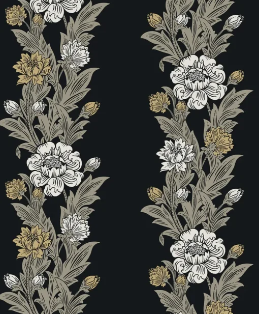 Seabrook Legacy Prints Blooming Stripe Wallpaper - Ebony & Goldenrod