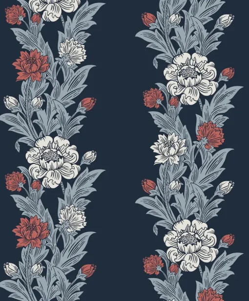 Seabrook Legacy Prints Blooming Stripe Wallpaper - Deep Navy & Berry