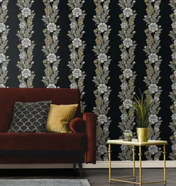 Seabrook Legacy Prints Blooming Stripe Wallpaper - Ebony & Goldenrod