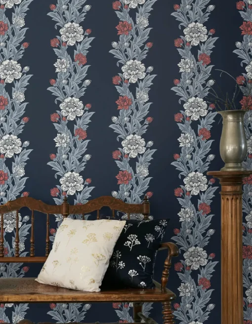 Seabrook Legacy Prints Blooming Stripe Wallpaper - Deep Navy & Berry