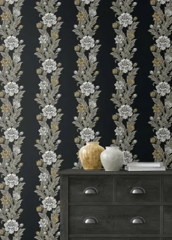 Seabrook Legacy Prints Blooming Stripe Wallpaper - Ebony & Goldenrod