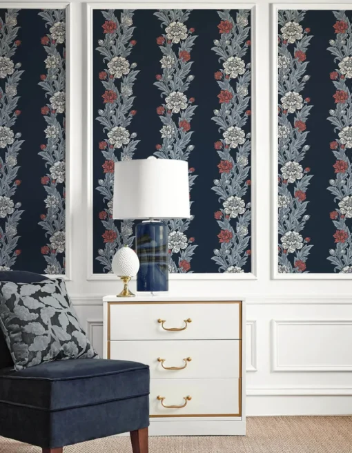 Seabrook Legacy Prints Blooming Stripe Wallpaper - Deep Navy & Berry