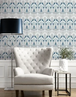 Seabrook Legacy Prints Dragonfly Damask Wallpaper - Aegean Blue & Dewdrop
