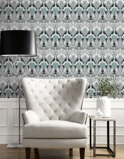 Seabrook Legacy Prints Dragonfly Damask Wallpaper - Ebony & Aqua
