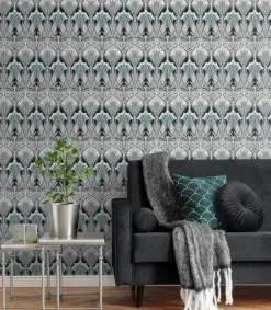 Seabrook Legacy Prints Dragonfly Damask Wallpaper - Ebony & Aqua
