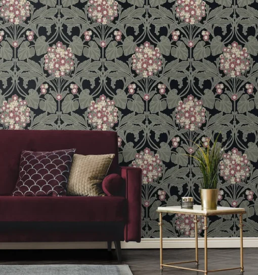 Seabrook Legacy Prints Floral Hydrangea Wallpaper - Ebony & Rose