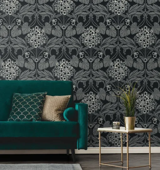 Seabrook Legacy Prints Floral Hydrangea Wallpaper - Ebony & Charcoal