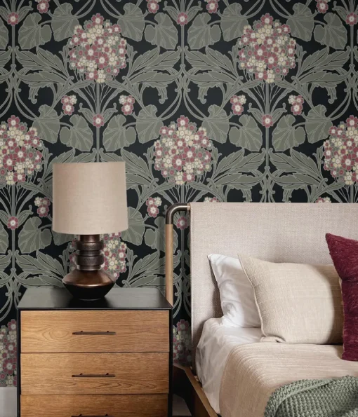 Seabrook Legacy Prints Floral Hydrangea Wallpaper - Ebony & Rose