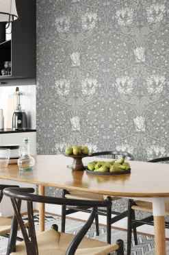Seabrook Legacy Prints Ogee Flora Wallpaper - Stone Grey & Desert Sand