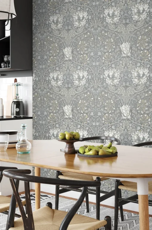 Seabrook Legacy Prints Ogee Flora Wallpaper - Stone Grey & Desert Sand