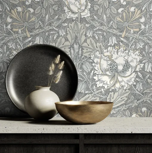 Seabrook Legacy Prints Ogee Flora Wallpaper - Stone Grey & Desert Sand