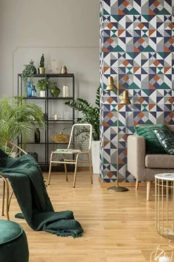 Seabrook Mondrian Lozenge Wallpaper - Indigo & Burnt Orange
