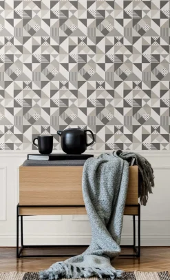 Seabrook Mondrian Lozenge Wallpaper - Steel & Pavestone
