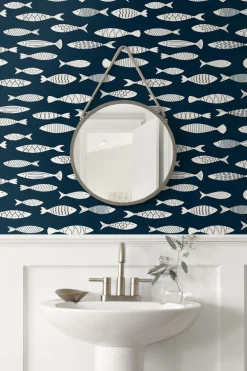 Seabrook Summer House Bay Fish Wallpaper - Deep Seas