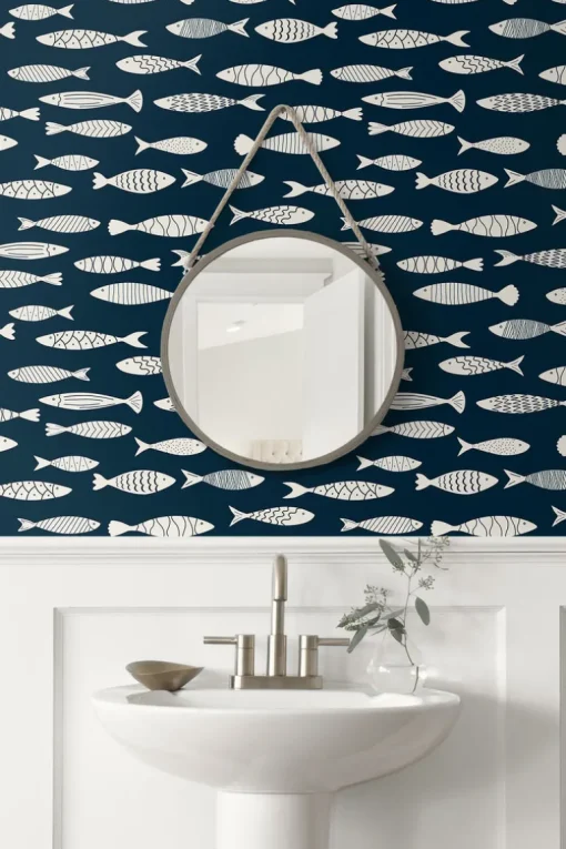 Seabrook Summer House Bay Fish Wallpaper - Deep Seas